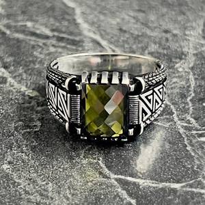 Handmade <b>Silver</b> Turkish Vintage Style <b>Men's</b> <b>Ring</b> with Green Peridot Square Cut Gemstone <b>Mens</b> Jewelry Gift - Product Image 2