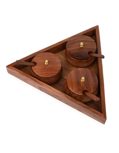 Ensemble de bocaux de service en bois de Sesham pour condiments, collations et mukhwas avec cuillères et plateau Ensemble de 3 bocaux Décoration de table - Product Image 1