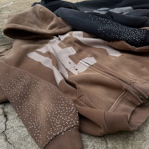 Sweat à capuche vieilli avec broderie du fabricant personnalisé veste zippée en strass sweat à capuche Streetwear en polaire délavé vintage pour hommes délavés au soleil - Product Image 2