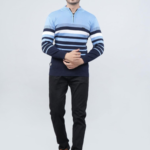 Rehaussez votre mode hivernale avec ce pull en tricot rayé pour hommes, pull chaud et décontracté à demi-zip, pulls tendance pour hommes - Product Image 2