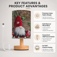 Lampe de table en tissu imprimé personnalisé avec base en bois, veilleuse de chevet gnome de Noël pour la décoration intérieure et les cadeaux de fêtes
