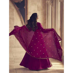 Robe de bal en soie brodée rose incroyable, prête à porter, tenue de réception, à paillettes, à volants, drapée, empire, pour les fêtes, robes de soirée - Product Image 5