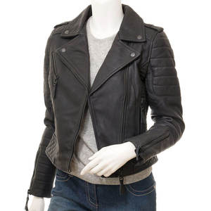 Slim Fit Ladies <b>Genuine</b> Leather Waterproof Windproof Quilted Jacket Customizable Color Breathable Biker Casual Easy Wear - Product Image 3
