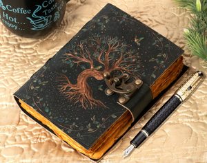 Vintage handmade da máy tính xách tay cây của cuộc sống dập nổi thiết kế trống Tạp Chí khóa Clasp với handmade deckle cạnh giấy cổ điển - Product Image 3