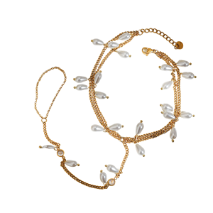 J&D 18K Gold Plated Stainless Steel Double-Layer <b>Toe</b> <b>Ring</b> Anklet Zircon & Pearl Inlay Religious Style for Weddings - Product Image 3