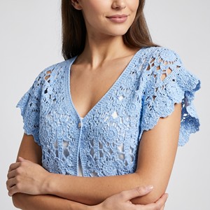 Cárdigan corto de manga corta con cuello en V, tejido calado, estampado floral, talla única (tallas 36–42) - Product Image 3