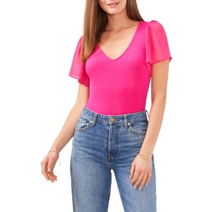 T-shirt Rosa Berry con Maniche a Volant, Taglia M, Design in Maglia a Costine per l'Estate - Product Image 1