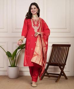 Designer Pure Diamond Silk Cotton Hand Embroidered <b>Top</b> With <b>Long</b> Sleeve & Heavy Work Neck Hand Embroidery & Pant With Dupatta - Product Image 4