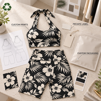 Ensemble de vêtements de sport en nylon bio recyclé personnalisé, imprimé floral, col halter, débardeur court, séchage rapide, sans couture sur le devant, short de yoga, leggings