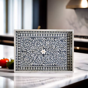 BANDEJA CORTA CON INCRUSTACIONES HECHO A MANO BANDEJA DE LUJO Incrustaciones de huesos Ramadán Desayuno Comida Fruta Café Té Bandeja decorativa - Product Image 3