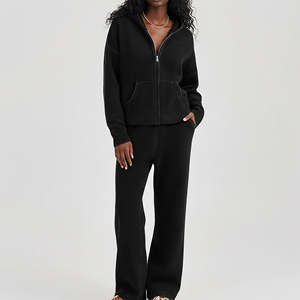 Regular Fit 100% Cotton <b>Zip</b> Hoodie Flare Jogger Set Custom Embroidery Logo Heavyweight Winter Women's Fleece tracksuits - Product Image 5