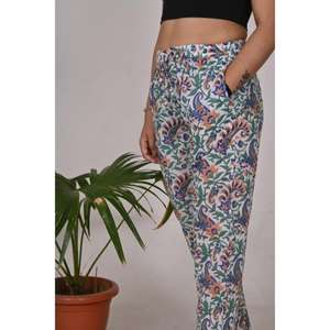 Pijama de algodón con estampado de bloques para mujer, estampado Floral, verano, ecológico, ropa de dormir, pantalones, cintura elástica, ligero, transpirable - Product Image 3