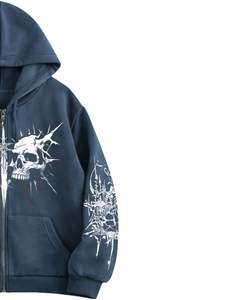 Sudadera con Capucha y Cremallera Azul Lavada, con Estampado Gráfico de Calavera, Estilo Urbano Extragrande, Chaqueta Gótica de Felpa de Algodón para Mujer, Fabricante Personalizado - Product Image 4