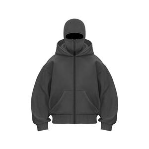 Sweat-shirt streetwear à capuche lourd, logo personnalisé, cagoule, fermeture éclair intégrale, double capuche, vêtement d'extérieur uni, sweat-shirt vintage à fermeture éclair pour homme - Product Image 2