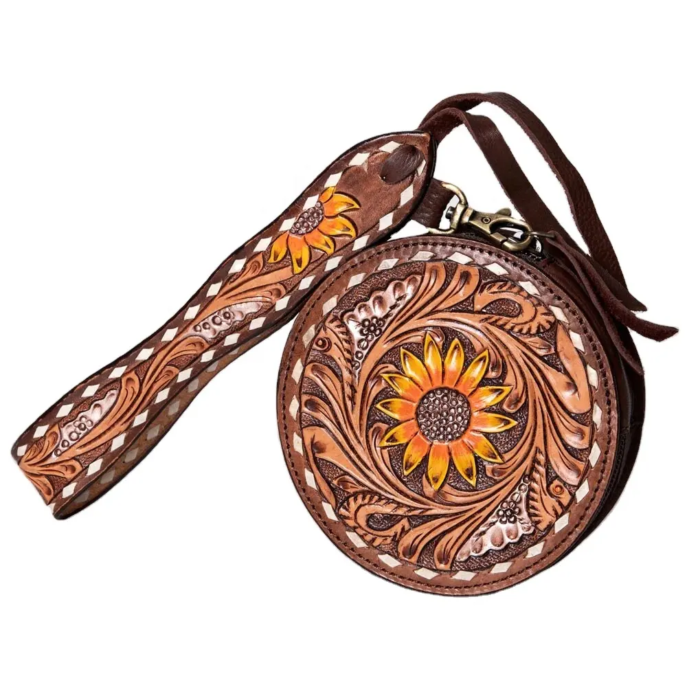 Gypsy Round Shaped Western Style Leather Crossbody Bags for Women Sling Satchel Hand-tooled Floral Carving Bag Fringe Purse