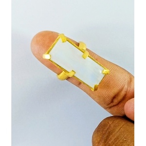 <b>24K</b> <b>Gold</b> Plated Rainbow Moonstone <b>Ring</b> Oval Cut Gemstone with Bezel Setting Brass Eye Pattern for Gift - Product Image 2