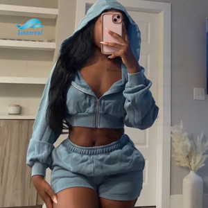 Oversized Acid Wash Distressed Embroidered Zip up Cropped Tracksuit Two Piece Women Sweatsuit <b>Set</b> - Product Image 1