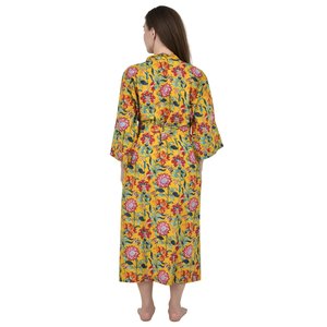 Bata de Casa Boho de Algodón Puro, Vestido de Verano Estampado a Mano Estilo Indio, Amarillo Mostaza, Rosa, con Estampado Floral, Atuendo de Lujo para Vacaciones en la Playa - Product Image 6