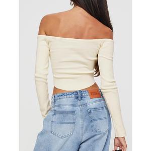 Women's <b>Off</b>-White <b>Off</b>-<b>Shoulder</b> Knit Cardigan with <b>Long</b> <b>Sleeves</b> Button Front Crop <b>Top</b> - Product Image 4