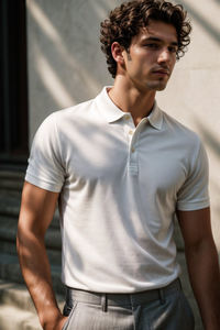 เสื้อโปโลผู้ชายลำลองสำหรับเล่นกอล์ฟ ผ้าฝ้าย 100% ซิป แขนสั้น ผ้าถักแบบริบ ระบายอากาศ ลายเรียบ - Product Image 3