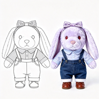 Peluche Lapin Mignon Personnalisé Violet à Oreilles Tombantes avec Nœud et Salopette en Jean, Jouet en Peluche Doux en Coton PP, Poupée Lapin Rembourrée