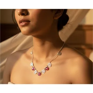 Women's Floral <b>Necklace</b> with <b>925</b> <b>Silver</b> Ruby Rose Rhodium Plated 14K Gold White/Diamond/Zircon Stones Trendy Vintage Design - Product Image 1