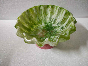 Handcrafted Eco-Friendly Ruffled Resin <b>Bowl</b> Green and <b>Pink</b> Swirl Base Decorative Table Centerpiece for Weddings Indian Product - Product Image 5