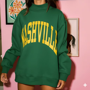 Sweat-shirt à col montant surdimensionné pour femmes, à sequins sur le devant, décontracté, ample, à manches longues, pull confortable en tricot, streetwear, automne - Product Image 1