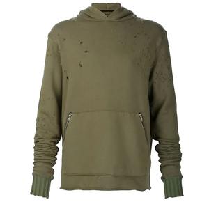 Wholesale Custom V-Neck Distressed <b>Men's</b> Hoodie Long Sleeve <b>Green</b> <b>Hoodies</b> <b>Mens</b> with Front Zipper Pocket & Logo Printing - Product Image 1