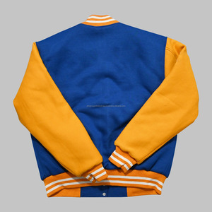 Chaqueta universitaria Letterman personalizada unisex lana Melton azul y amarilla con procesamiento recubierto de cuello levantado de cuero genuino - Product Image 2