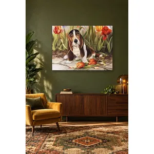 Chiot de Basset Hound de Fida avec une fleur dans la bouche dans un jardin de tulipes, impression sur toile - Product Image 4