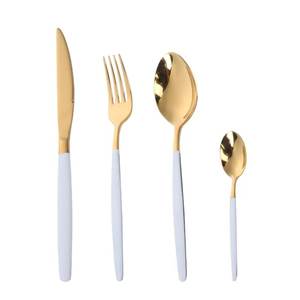 Ensemble de couverts en acier inoxydable, 4 pièces élégantes et modernes en métal doré, poignée en émail blanc plaqué Vintage Festivals - Product Image 1