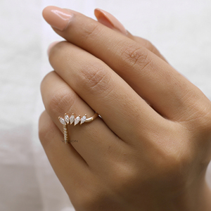 แหวนพลอยเพชรทรงกลมตัดอย่างยอดเยี่ยมอาร์ตเดคโคมงกุฏสำหรับงานแต่งงาน Band-14K ชุบทองรูปตัววีดีไซน์รูปตัววี - Product Image 5