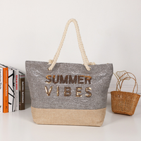 Logo personnalisé grand week-end toile femmes été sac de plage sac fourre-tout à paillettes