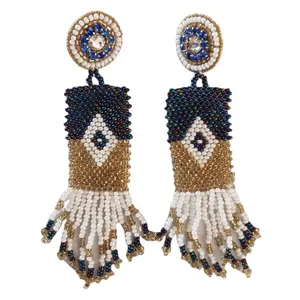 Meist verkaufter indischer Modeschmuck Damen bekleidung 10 cm lange preußische Regenbogen-und Gold perlen quasten Tropfen ohrringe