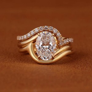 Ensemble de bagues de mariage en argent sterling 925 certifié, plaqué or 18 carats, minimaliste, ovale, triple rangée, avec moissanite, pour femmes, fiançailles - Product Image 1