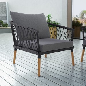 Juego de sofá esquinero de jardín gris Betrand de madera maciza de teca con cuerda tejida, 4 plazas con sillón y Mesa - Product Image 3