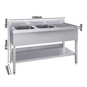 อ่างล้างจานสแตนเลสเชิงพาณิชย์ ECO - 1400x700 มม. - อ่างคู่ด้านซ้าย - พร้อมชั้นวางด้านล่าง - พร้อมขาตั้ง - Product Image 2