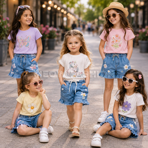 Conjunto de Pantalones Cortos de Mezclilla para Niñas, Moda de Verano Infantil, con Camisetas con Estampado Floral, Conjuntos Casuales de Verano, Lote en Stock, Bangladesh, OEM al por Mayor - Product Image 1
