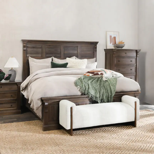 Cama King Size de Madera de Teca Maciza con Plataforma y 2 Mesitas de Noche, Juego de Muebles de Dormitorio Rústicos Tradicionales Hechos a Mano en Color Marrón Ecológico - Product Image 1