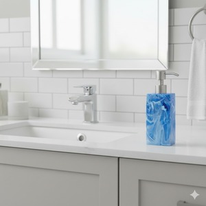 Distributeur de savon rectangulaire en résine bleue élégant avec fonction de nettoyage facile Distributeur de liquide de luxe à effet marbre pour salle de bain cuisine - Product Image 6