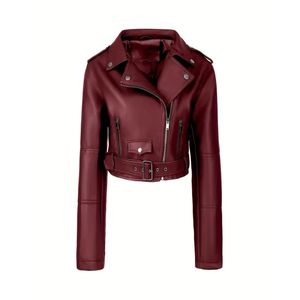 Automne hiver polyvalent couleur unie femmes moto Style PU veste en cuir mode revers fermeture éclair femme à manches longues vestes - Product Image 3