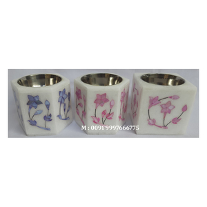 เตาเผาบัคฮูร์ทรงหกเหลี่ยมหินอ่อนสีขาวธรรมชาติ ประดับมุกสีฟ้าและชมพู ผิวมันเงา ใช้สำหรับวันขอบคุณพระเจ้า - Product Image 1