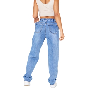 Jeans de Mezclilla Azul para Mujer, Corte Regular, Estilo Boyfriend, Pierna Recta, Tiro Medio, Casuales, a la Moda, Cómodos, con Borlas - Product Image 2