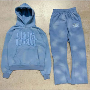 Custom Logo Stacked Flared Sweatpants and Hoodie Set Acid <b>Wash</b> 3D Puff Print Distressed Tracksuit by Elegant Sports - Product Image 5