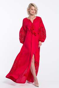 Vente en gros de robe longue bohème élégante et décontractée écologique Tissu tissé à manches longues en dentelle de lin/coton brodé rouge pour femmes - Product Image 3