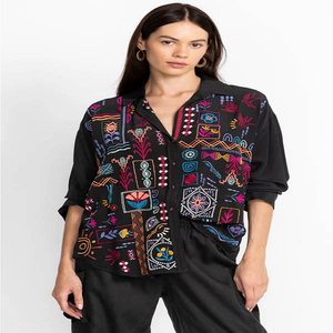 Boho Embroidered <b>Patchwork</b> Shirt Women's Loose Fit Three Quarter Sleeve Casual <b>Top</b> All Seasons Black Polyester Blouse - Product Image 1
