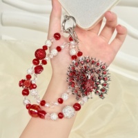 Breloque de téléphone en strass paon, perles de cristal rouge, porte-clés fait main, pendentif de sac, accessoire