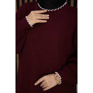 Suéter de Punto Acanalado Oversize para Otoño/Invierno para Damas y Chicas, Color Borgoña, con Logotipo Frontal, Casual, Largo, Transpirable, Suave y Cómodo, con Estampado - Product Image 4