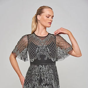 Vestido de noche formal de Talla grande-Maxi vestido gris con media manga bordado a mano cuello redondo ropa formal antiestática - Product Image 1